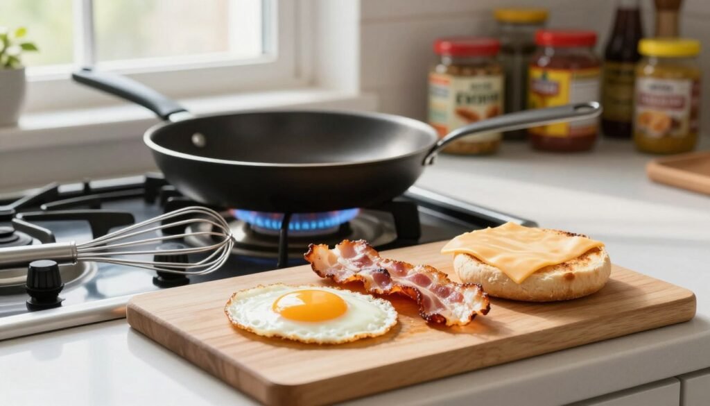 Essential tools for a quick breakfast sandwich Essential tools for a quick breakfast sandwich