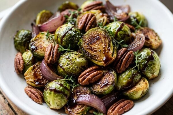 Quick Roasted Brussels Sprout Salad with Maple Balsamic Vinaigrette