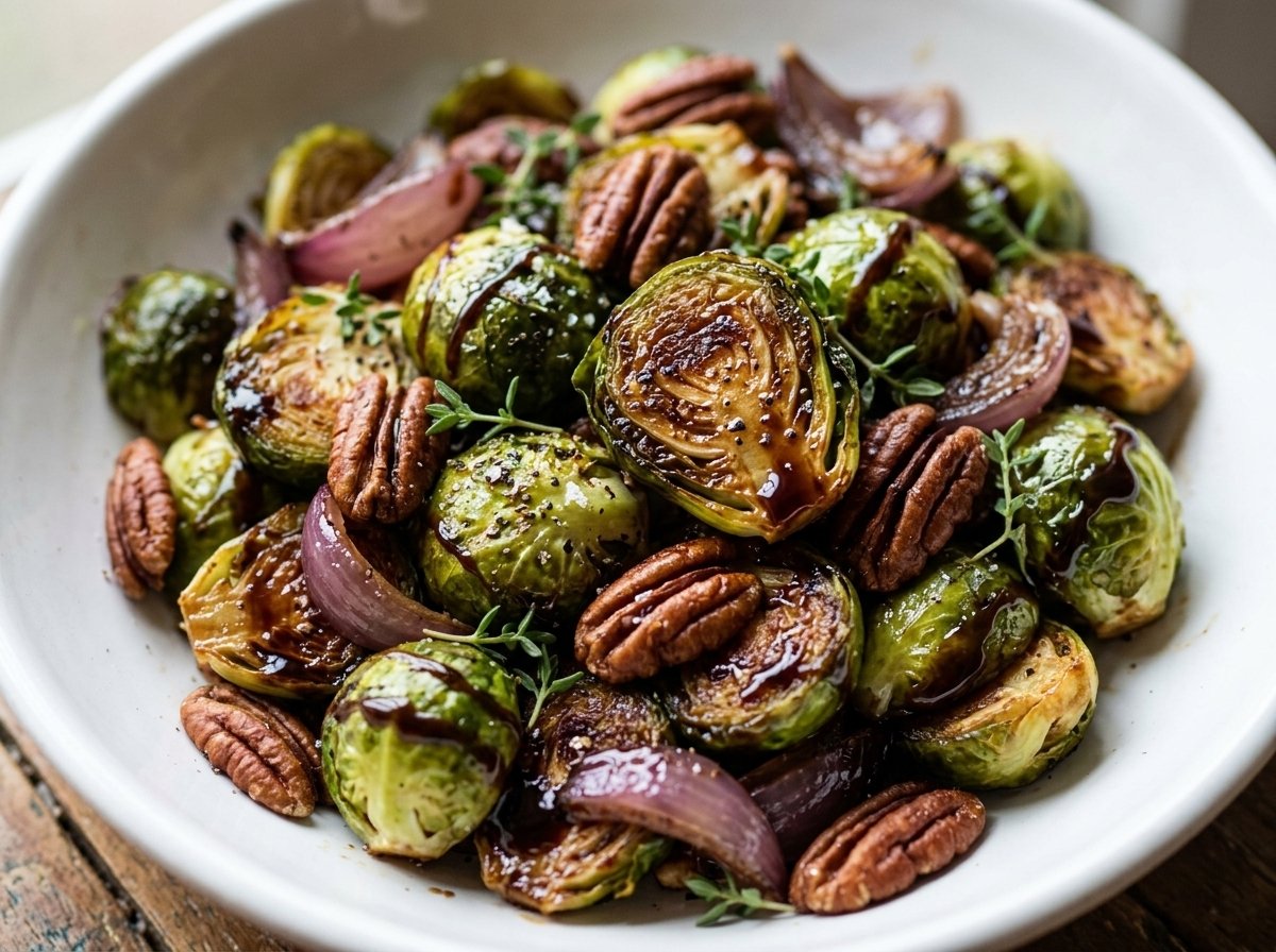 Quick Roasted Brussels Sprout Salad with Maple Balsamic Vinaigrette